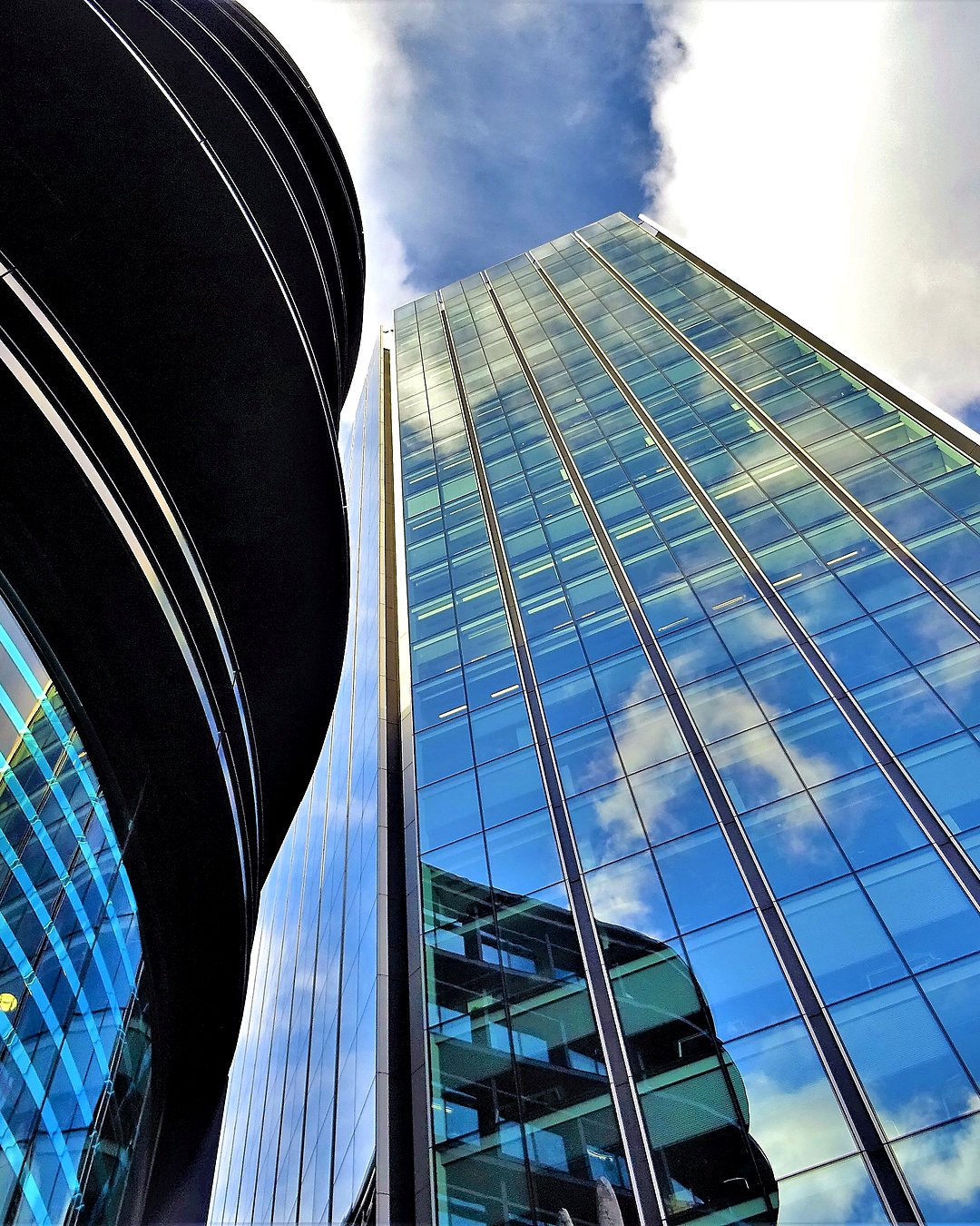 Glass curtain-wall office tower seen from street level