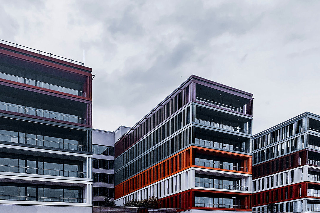 Row of modern office buildings on a waterfront